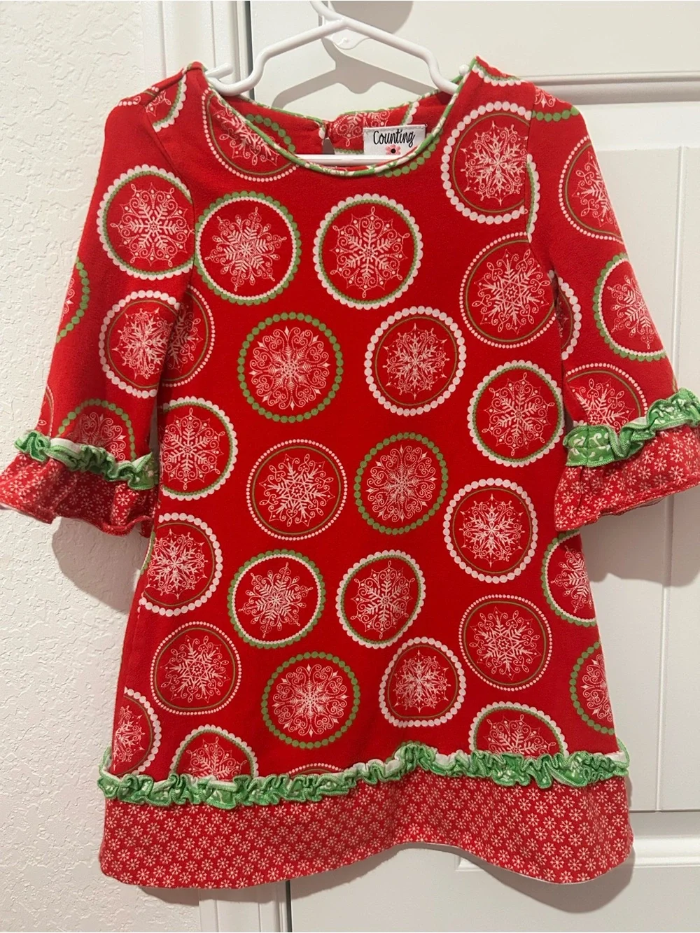 Counting Daisies Red Holiday Snowflake Dress with Green Trim